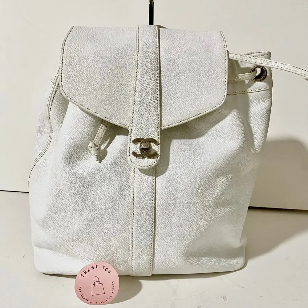 Chanel CC Caviar Leather Vintage Large White Backpack Travel Bag Carryall 90's